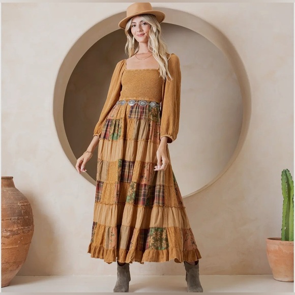 Dresses & Skirts - NWT Bohemian Patchwork Square Neck Orange Vegan Dress